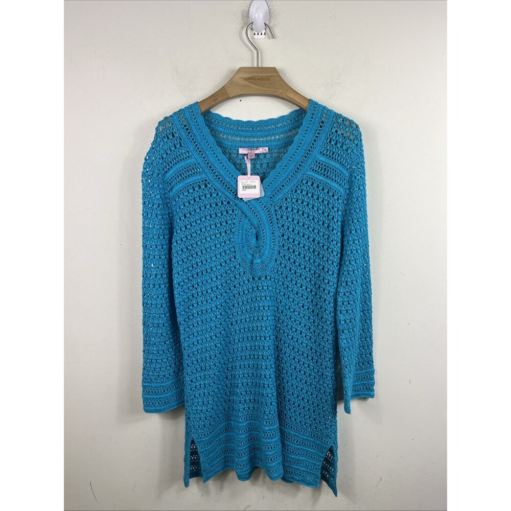 Calypso St Barth Tessina Sweater Crochet Turquoise Cover Up Size Small NWT Linen